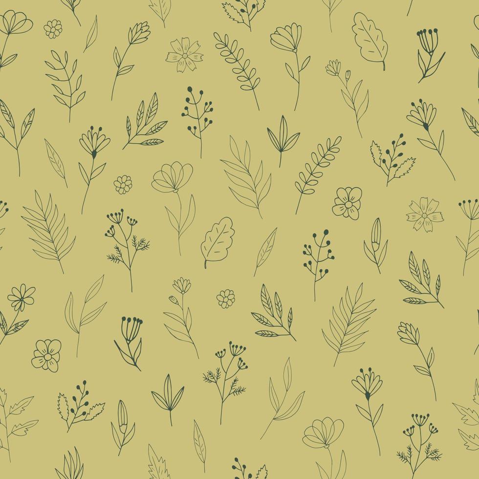 flowers seamless pattern hand drawn doodle. vector, minimalism, scandinavian, monochrome, trendy colors 2022. simple abstract plants. wallpaper, wrapping paper, textiles, background. vector