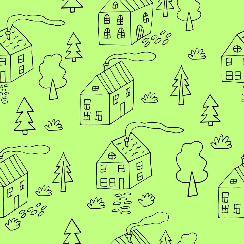 houses and trees seamless pattern. city street illustration hand drawn in doodle line art style vector