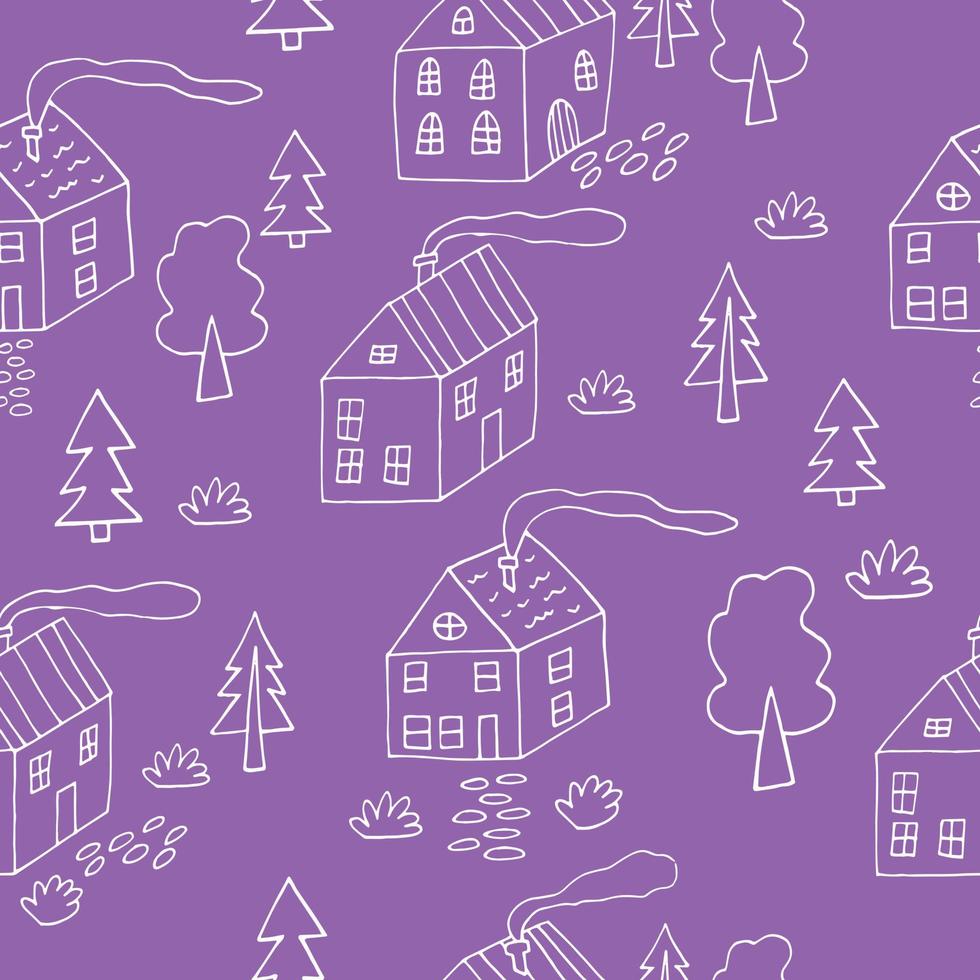 houses and trees seamless pattern. city street illustration hand drawn in doodle line art style vector