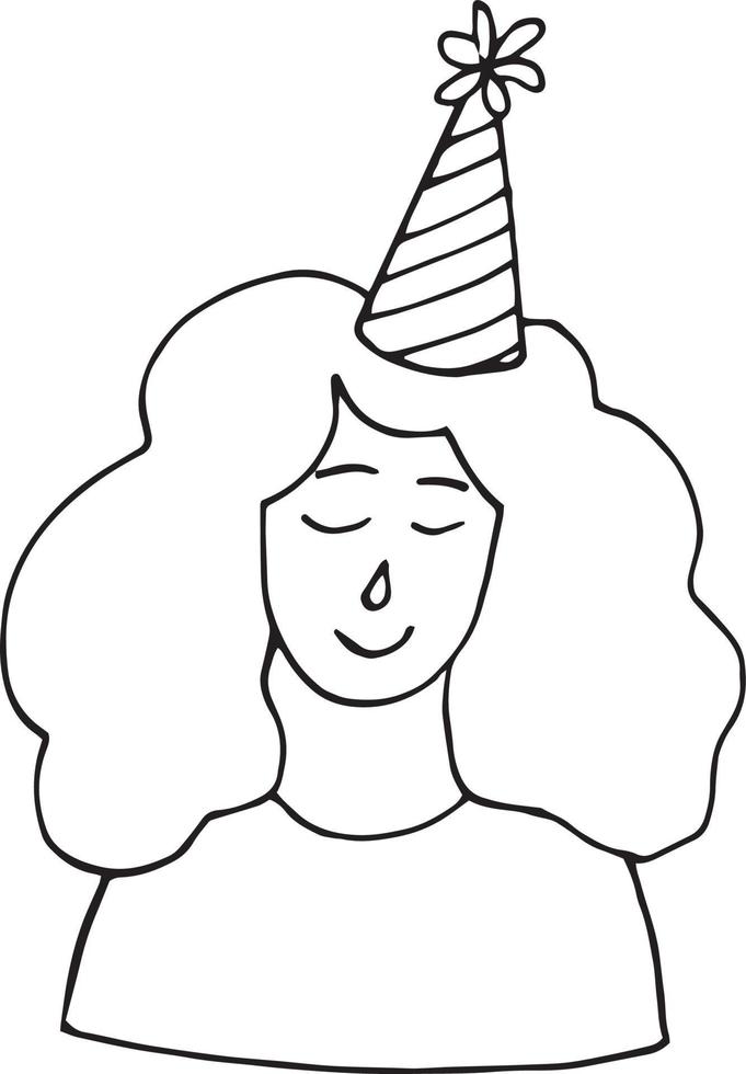 mujer joven en un sombrero de fiesta. Pide un deseo en tu cumpleaños. icono dibujado a mano. plantilla para tarjeta. monocromo. minimalismo vector