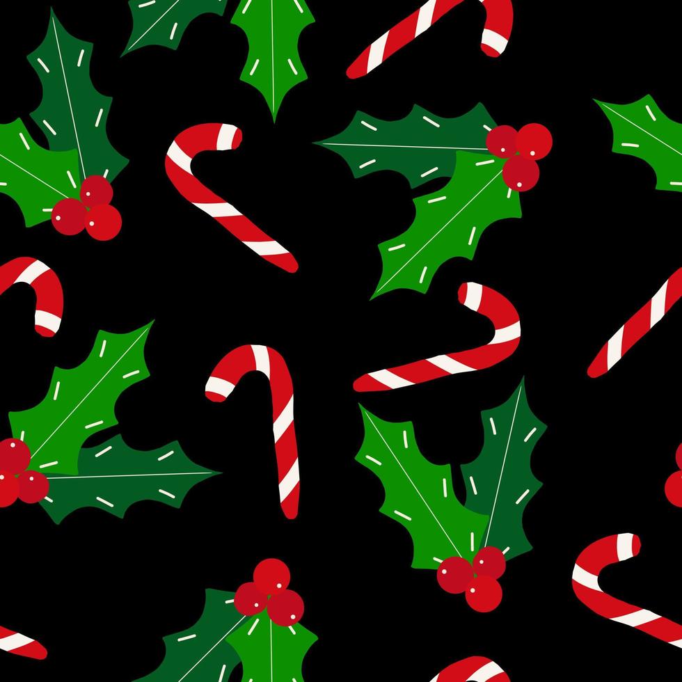 bastón de caramelo acebo navidad de patrones sin fisuras garabato dibujado a mano. , invierno vector