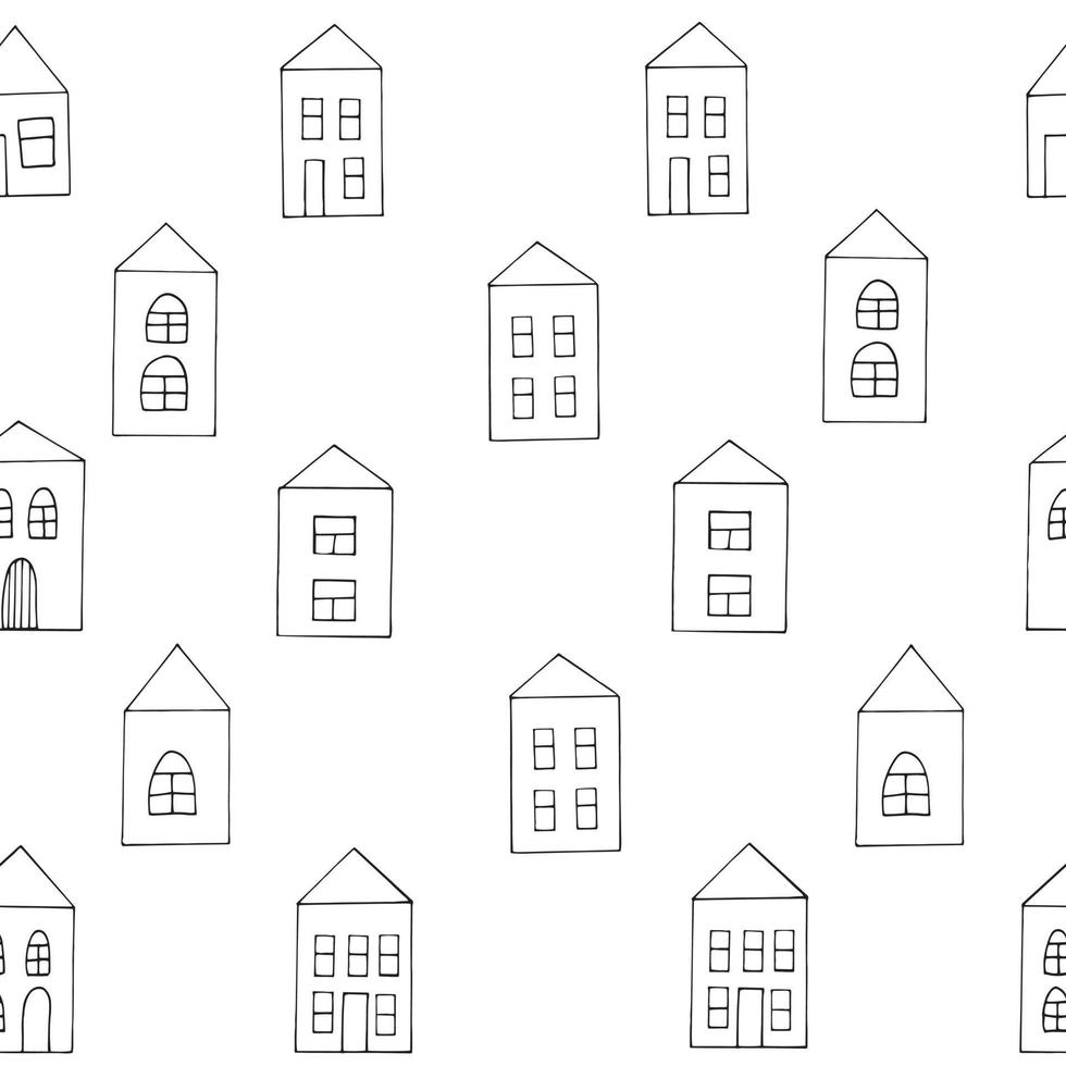 houses seamless pattern. hand drawn in doodle style. vector, scandinavian, nordic, minimalism, monochrome. building, street textiles wrapping paper wallpaper background vector