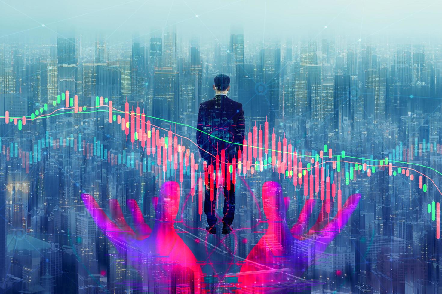 Business man with financial stock graph and city background. photo