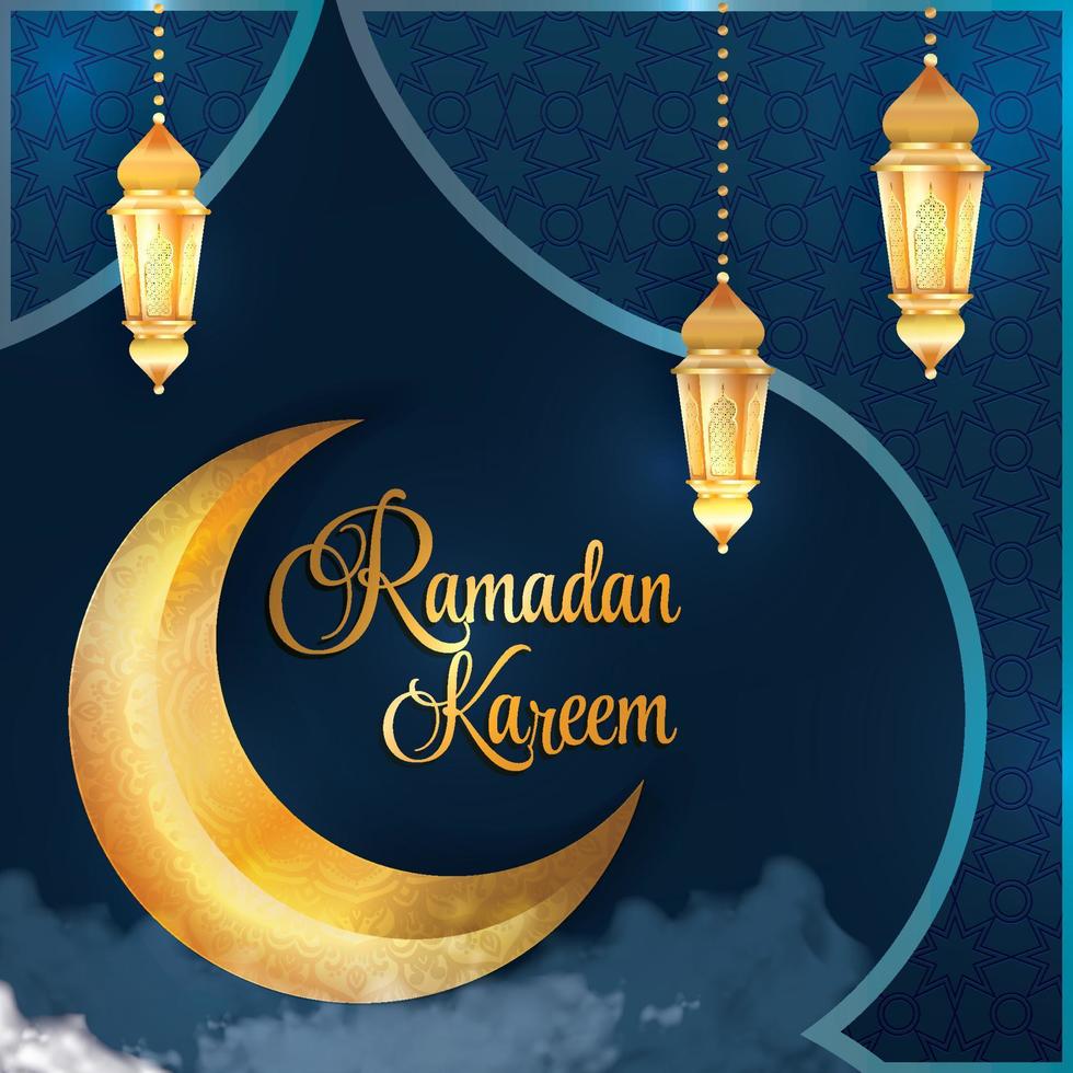 tarjeta de felicitación ramadan kareem con fondo azul y adorno dorado vector
