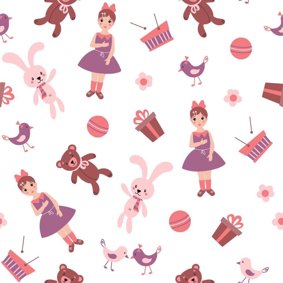 Seamless pattern with cute kid toys, dolls, teddy bears, bunnies. vector