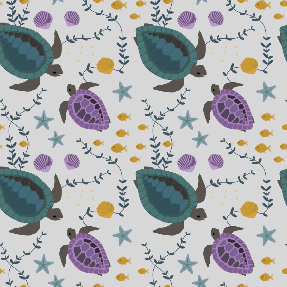 Seamless vector pattern with turtles and fish