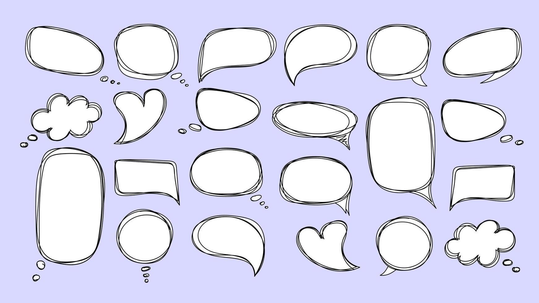 Speech clouds bubbles hand drawn icons. Black empty sketches purple surface with contour lines scribbles in geometric shapes for web social vector communication