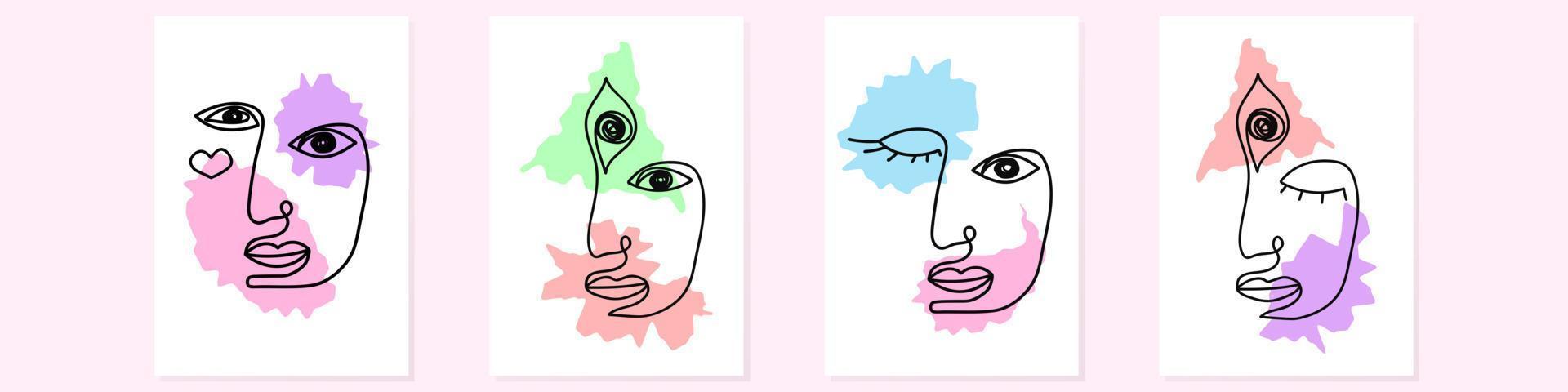 Abstract faces meditating people set. Linear profiles characters with pink third eye who comprehended self awareness and purple astral who love green world and cover their eyes in vector reverie