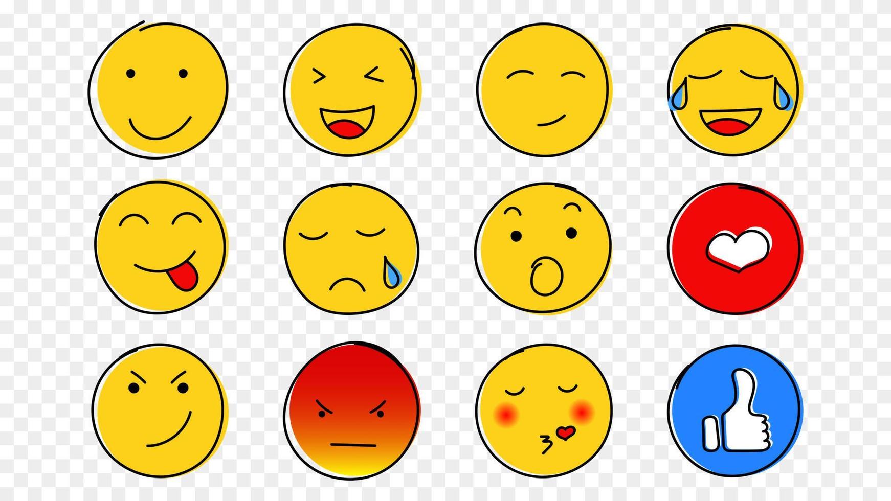 Yellow faces emotions hand drawn set. Smiling and laughing doodles with sketches of admiration and red anger sneering squinting and fooling around showing vector language