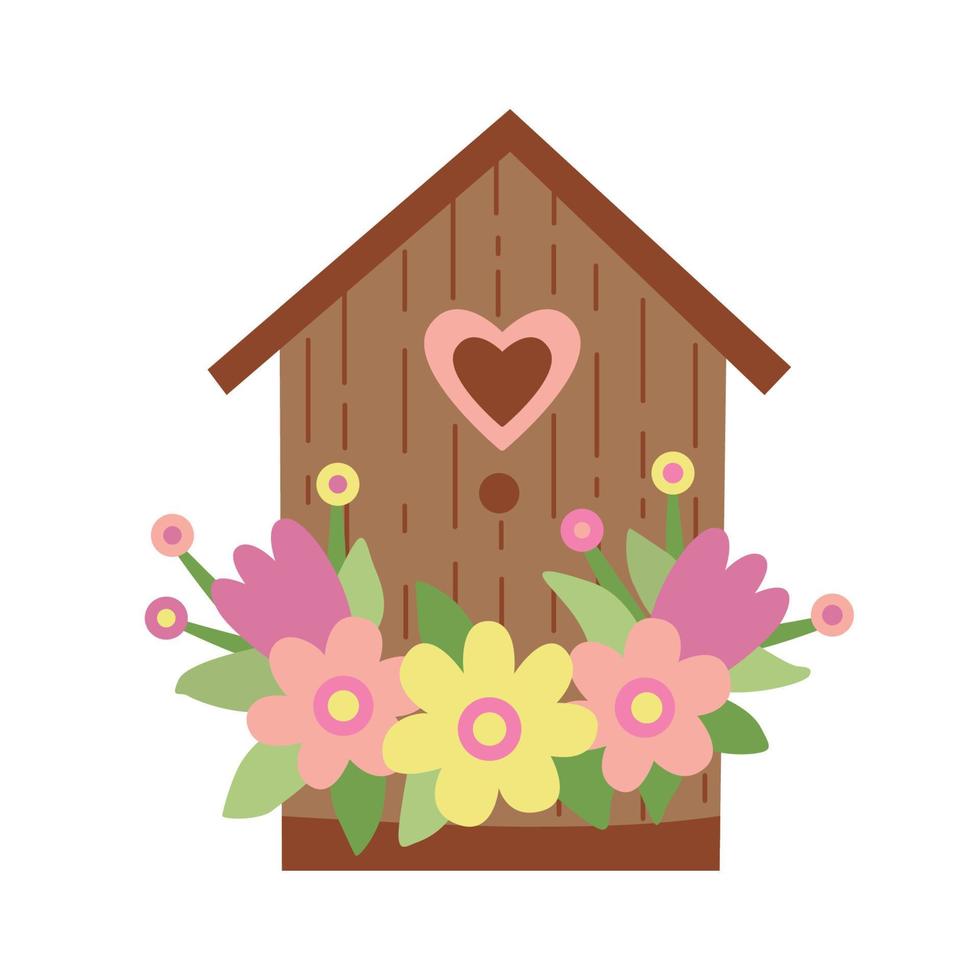 Birdhouse decorated with spring flowers. Hand drawn flat vector illustration. Great for Easter greeting cards.