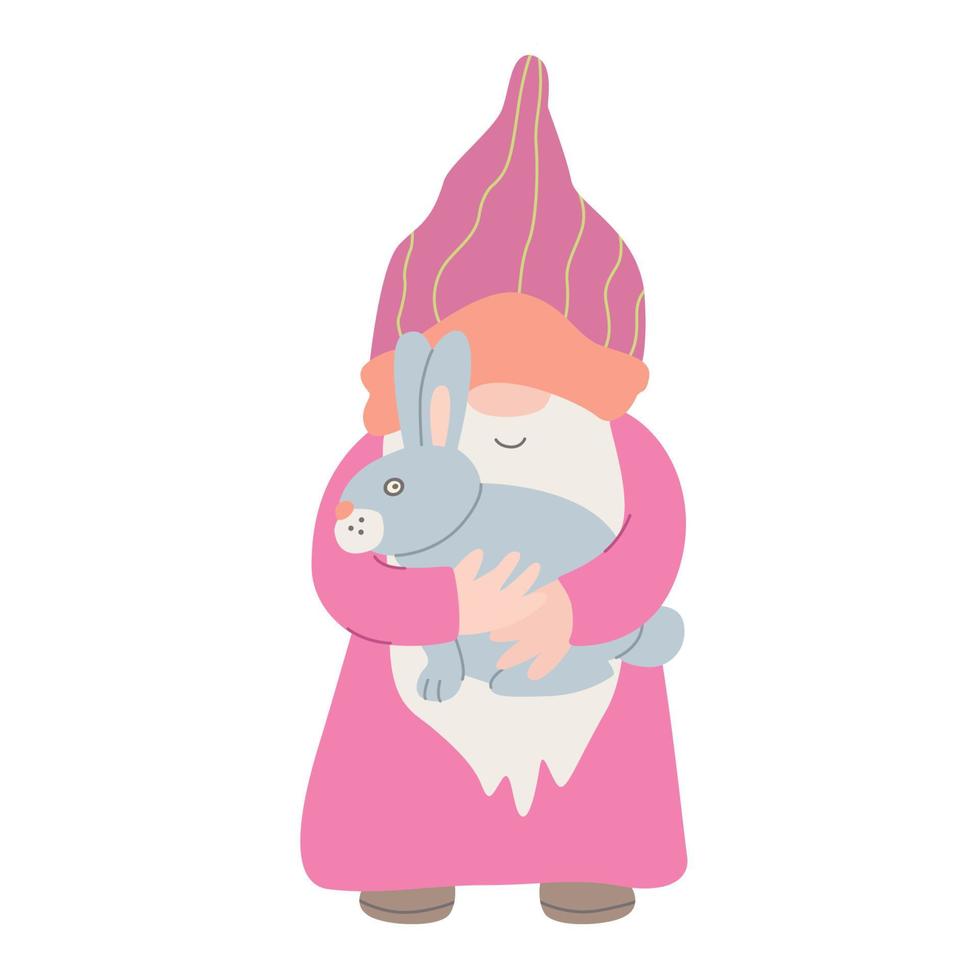 Easter funny gnome with a little bunny. Hand drawn flat illustration. Great for Easter greeting cards. vector