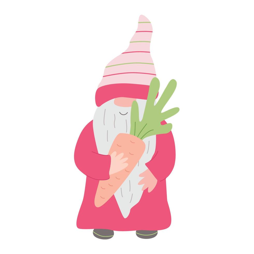 Easter funny gnome with carrot. Hand drawn flat  illustration. Great for Easter greeting cards. vector