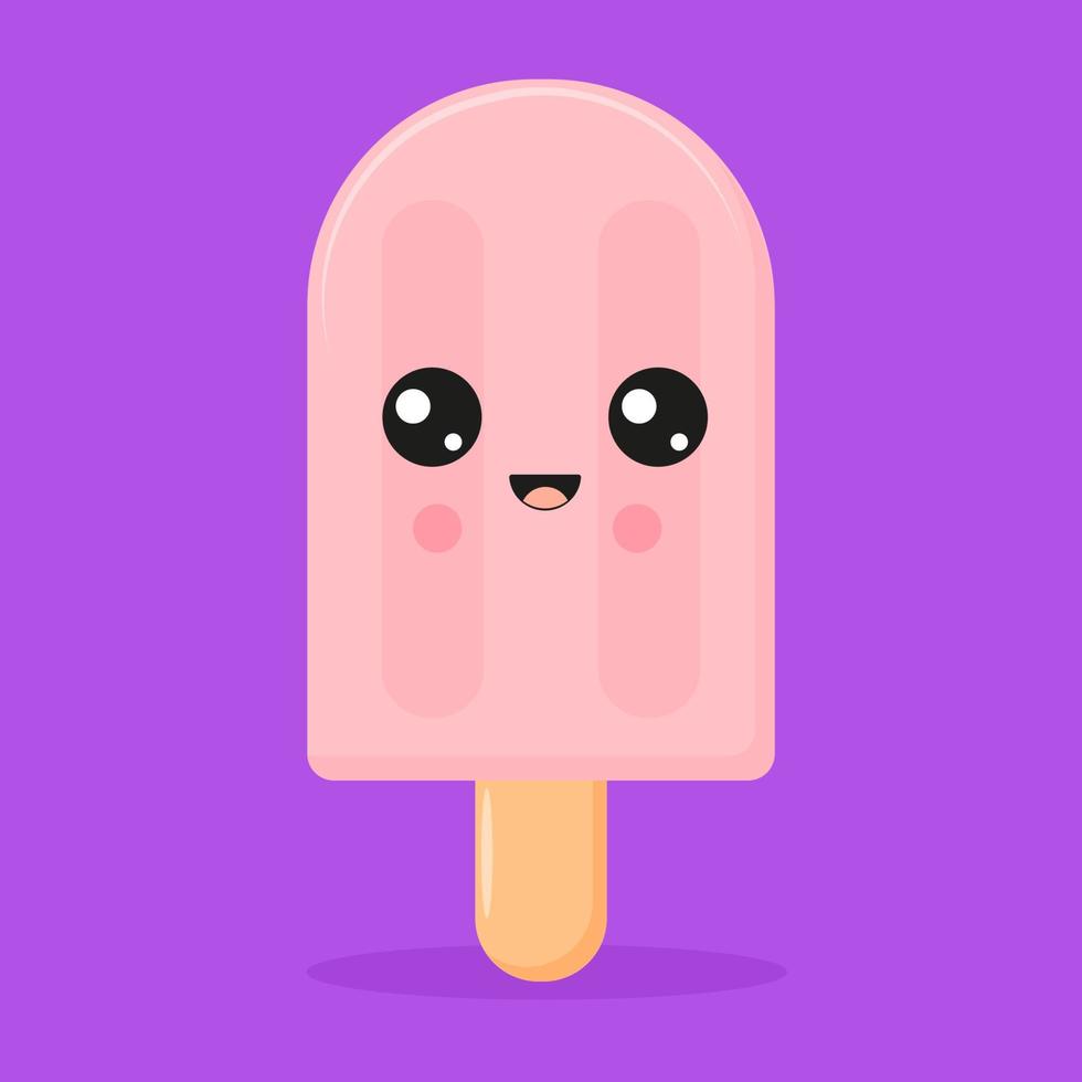 helado kawaii lindo con cara de emoción en un palo pegatinas divertidas para sus diseños, camiseta postal diseño de embalaje diseño de interiores ilustración vectorial vector