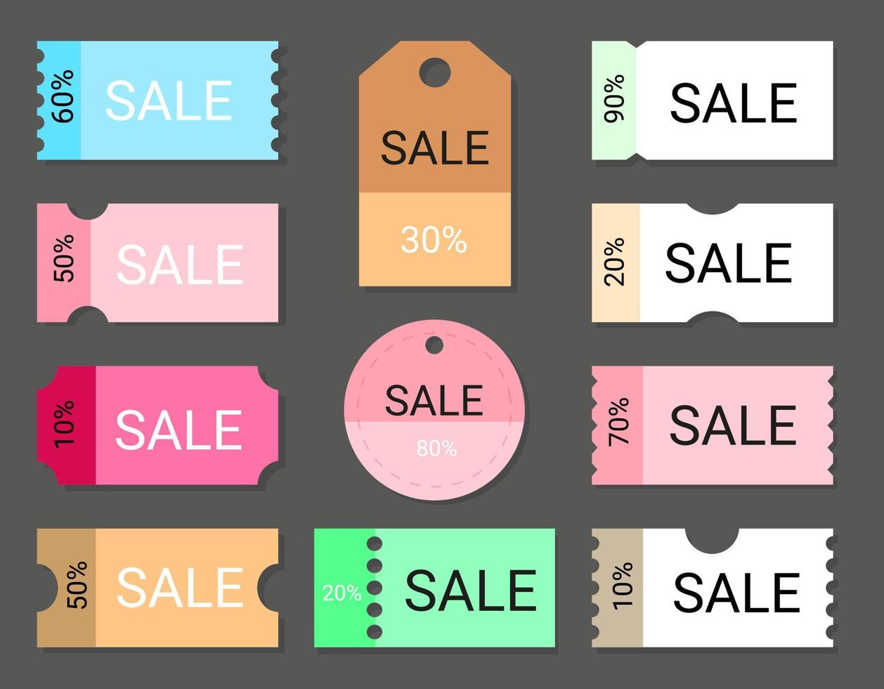 Set of different coupons big sale advertising for internet advertising website, social networks, discount coupon for super sale trends Vector illustration