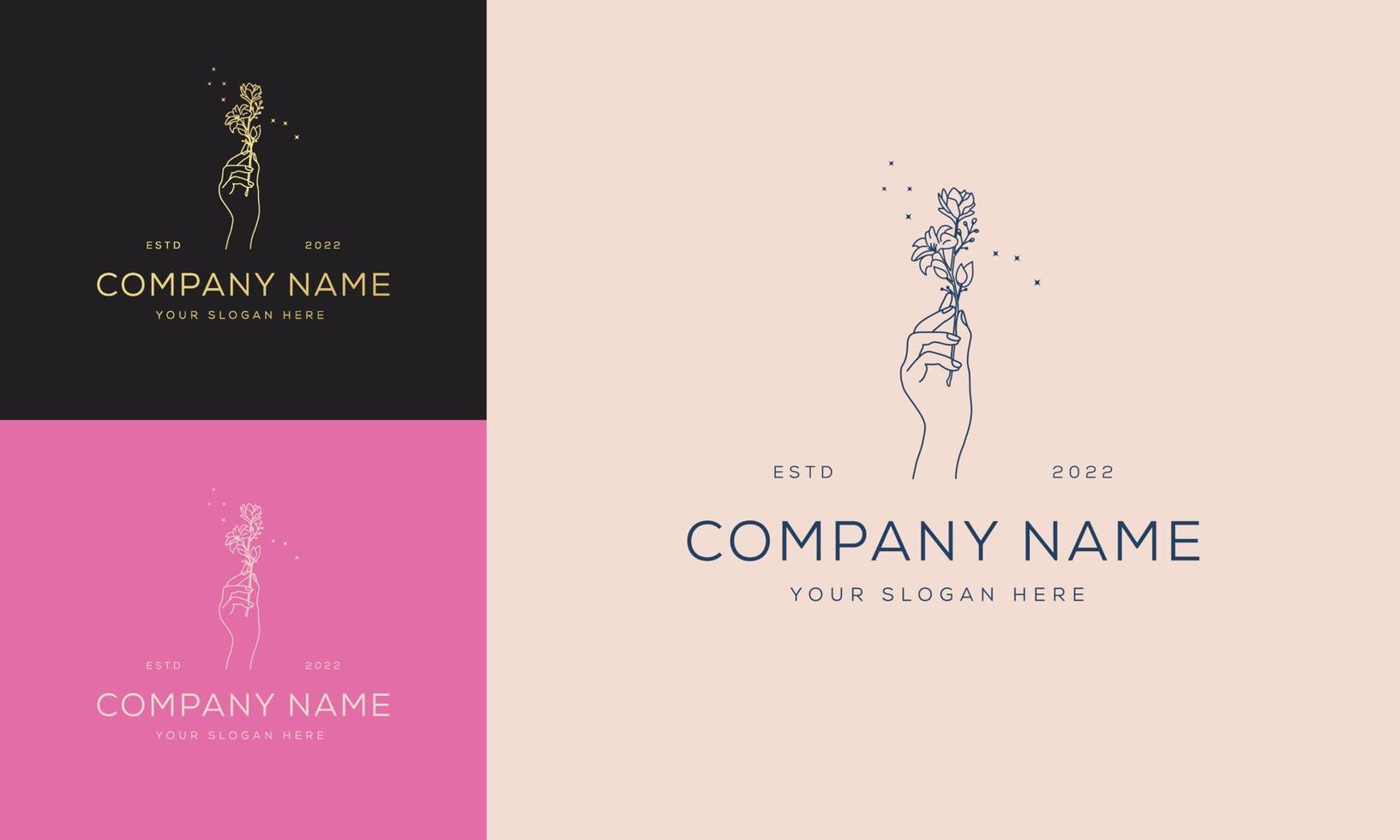 A set of female hand logos in a minimal linear style. Vector logo design Templates with different hand gestures, Crystal. For cosmetics, beauty, tattoo, Spa, feminine, jewelry store