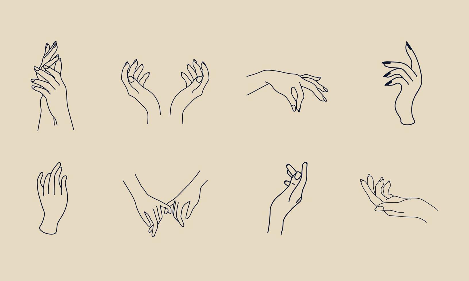 A set of Woman's hand icon collections in a minimal linear style. Vector logo design templates with different hand gestures, Crystal. For cosmetics, beauty, tattoo, Spa, feminine, jewelry store
