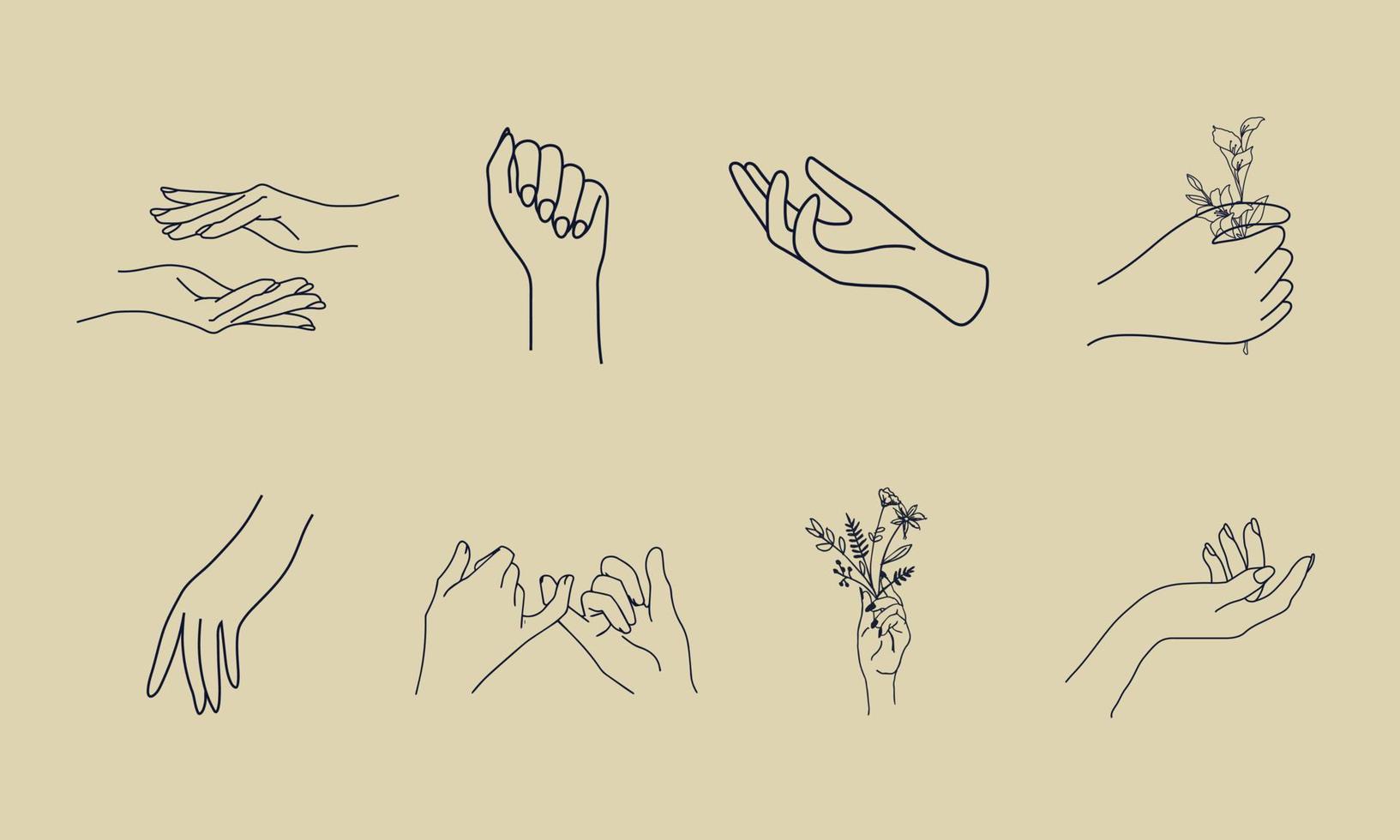 A set of Woman's hand icon collections in a minimal linear style. Vector logo design templates with different hand gestures, Crystal. For cosmetics, beauty, tattoo, Spa, feminine, jewelry store