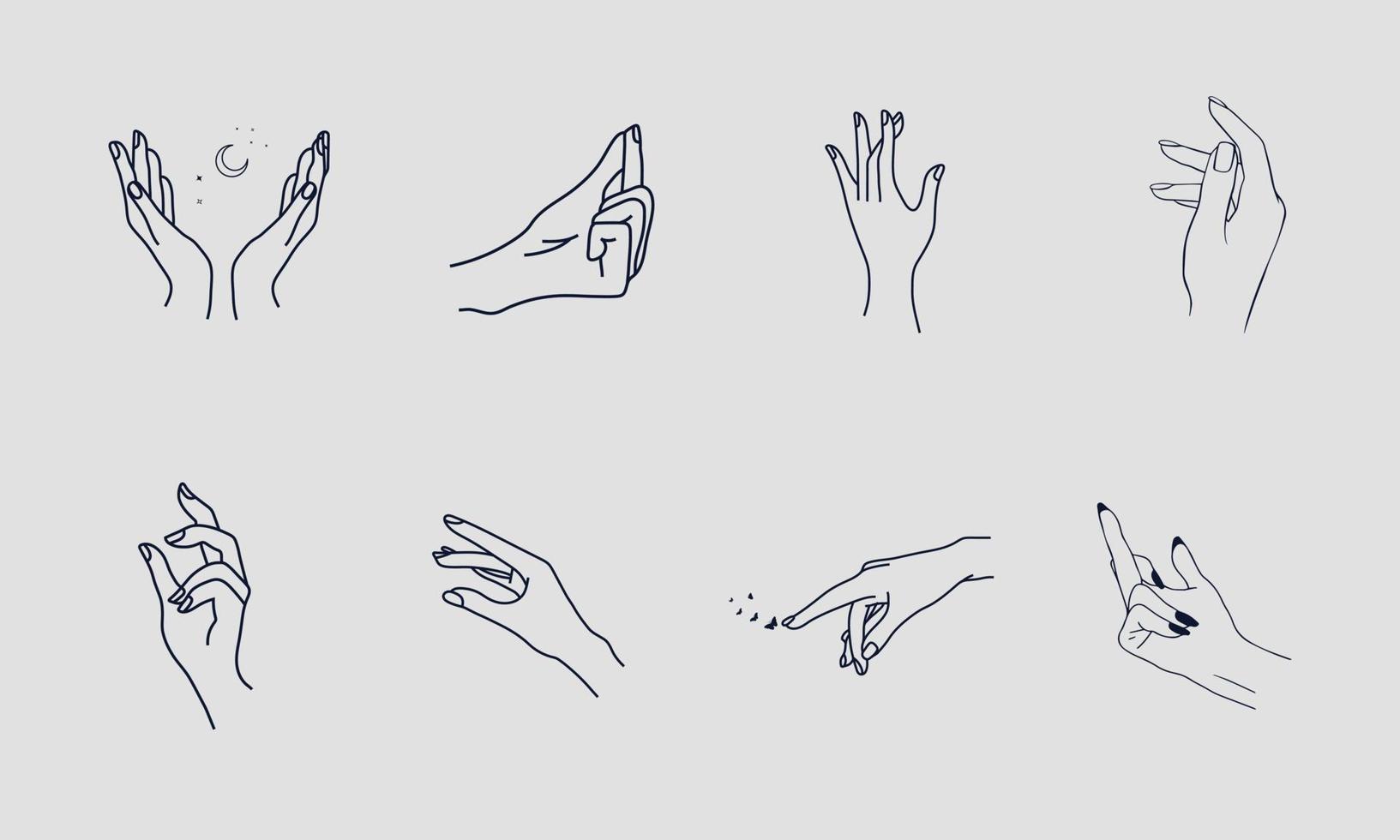 A set of Woman's hand icon collections in a minimal linear style. Vector logo design templates with different hand gestures, Crystal. For cosmetics, beauty, tattoo, Spa, feminine, jewelry store