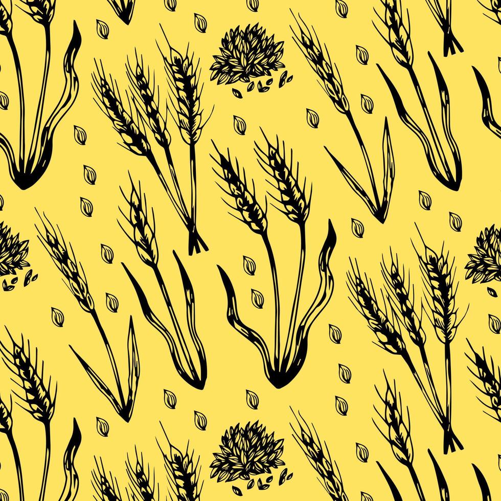 Vector seamless pattern image of ears of wheat. Whole grain, natural, organic background for baked goods, baked goods.