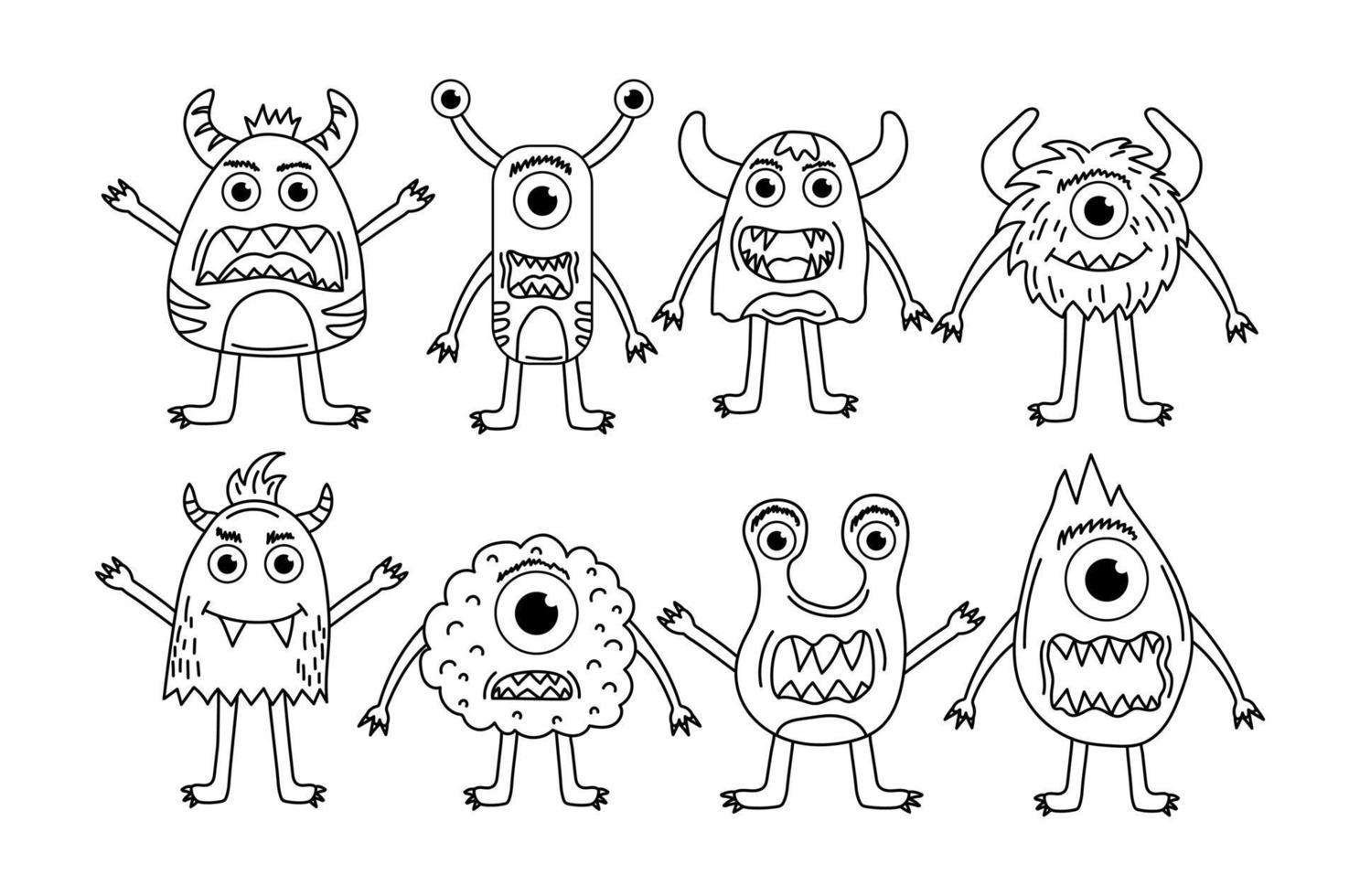 conjunto de lindos monstruos para colorear páginas. extraterrestres de línea vectorial. colección de ilustraciones de línea moderna. vector