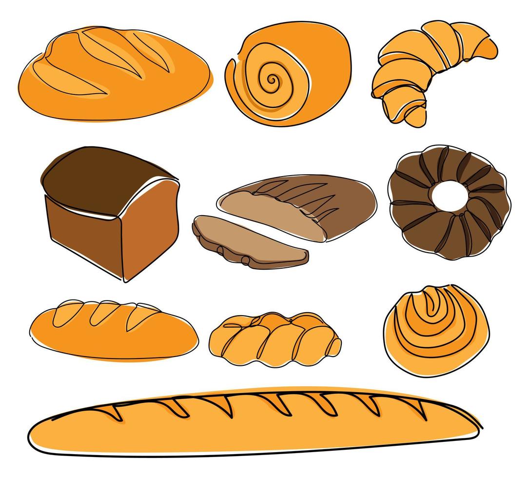 Set with continuous line breads. Vector line art. Bakery product for logo, packaging design, icon, branding