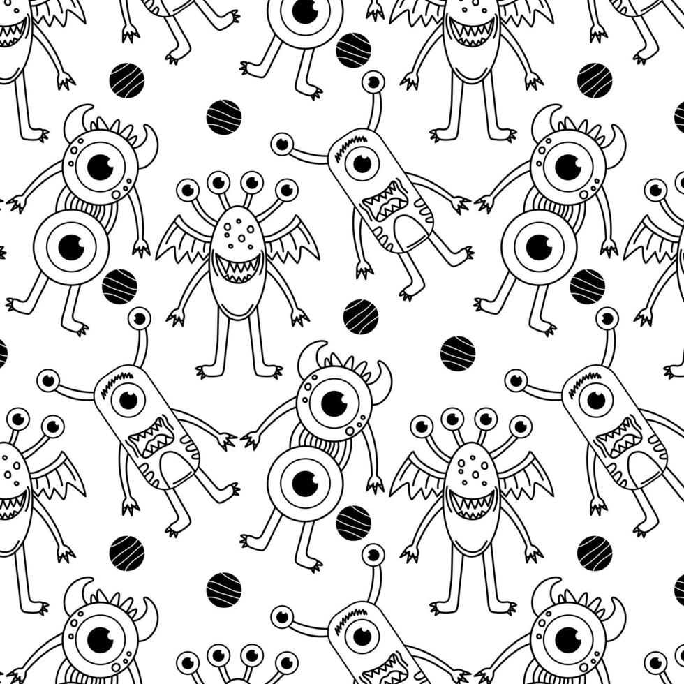 Funny monsters seamless pattern for coloring book. Black and white background. Vector illustration