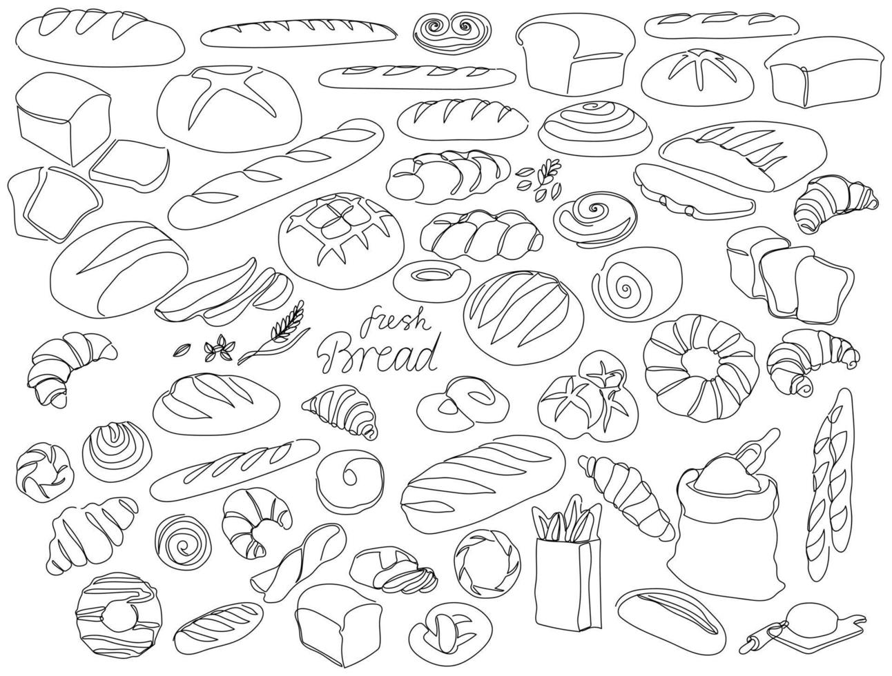 Continuous line bakery. One line bread, pretzel, croissant, baguette, bagel, muffin, loaf, cinnamon roll. Vector baked food set