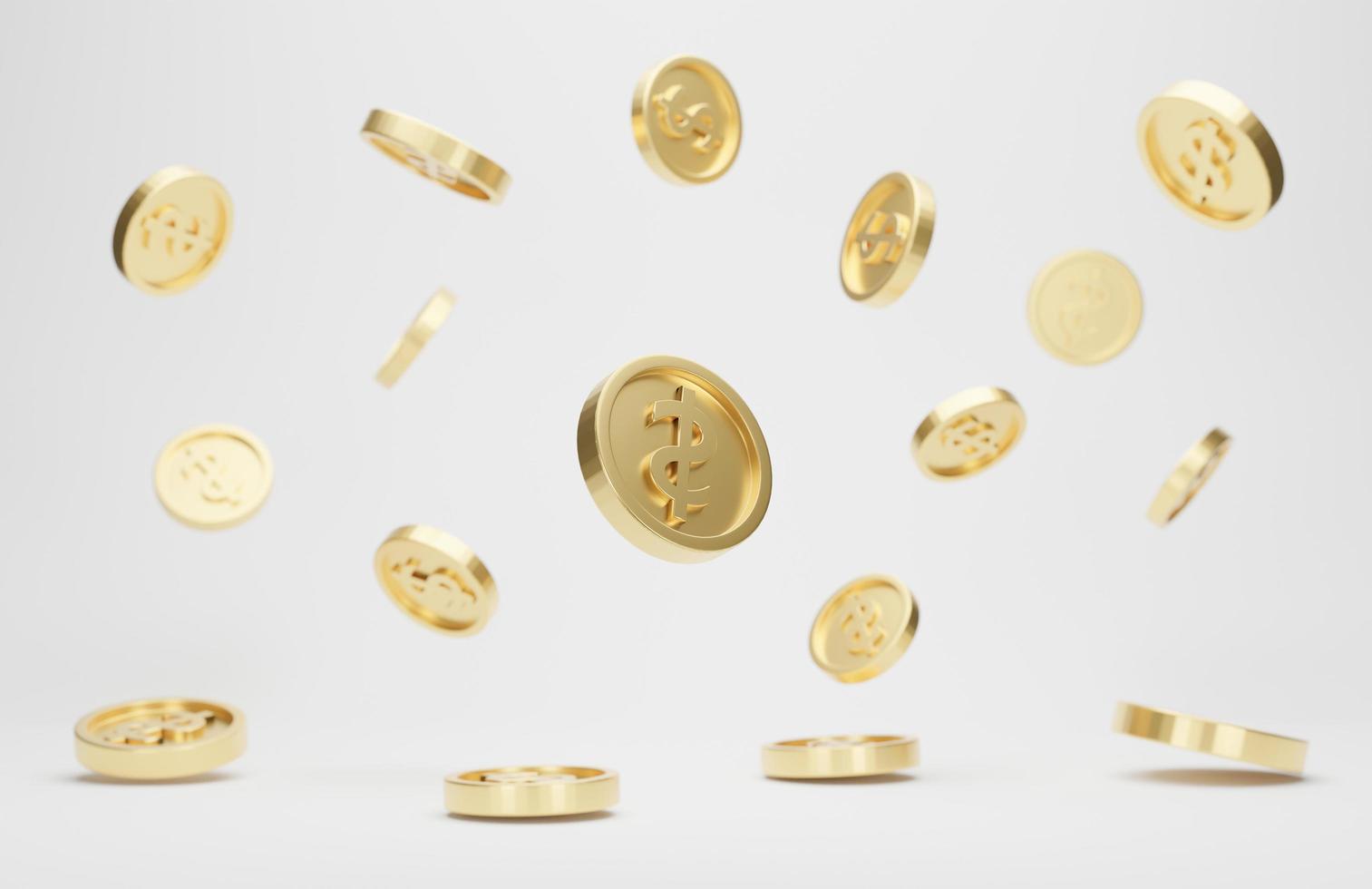 monedas de oro con signo de dólar cayendo o volando aisladas sobre fondo blanco. concepto de jackpot o casino poke. representación 3d foto
