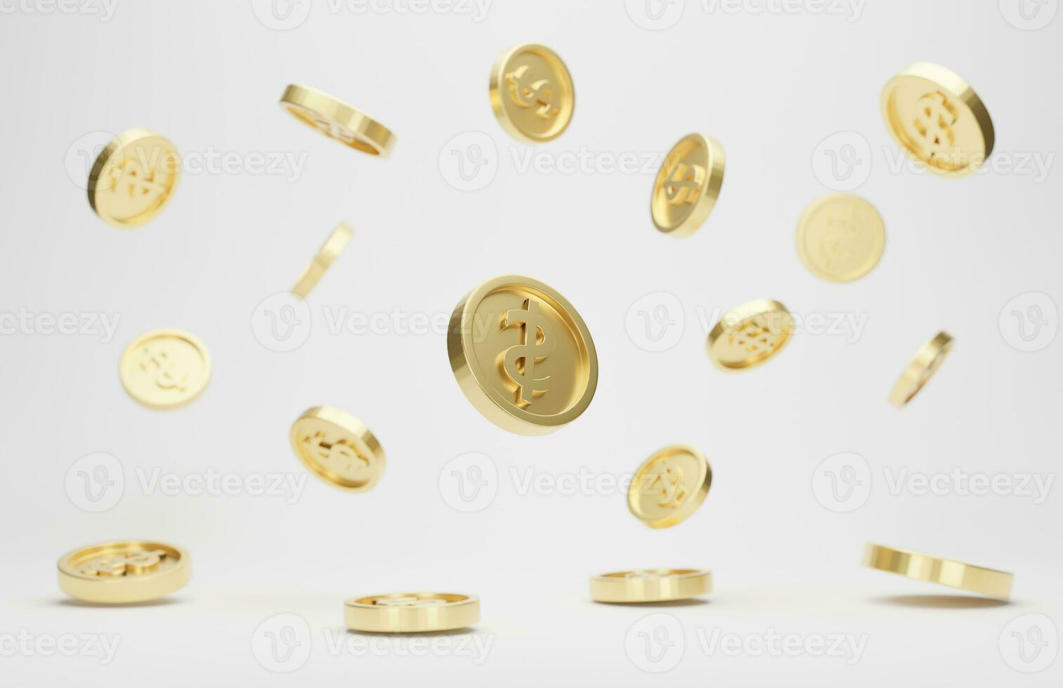 Gold coins with dollar sign falling or flying isolated on white background. Jackpot or casino poke concept. 3d rendering. photo