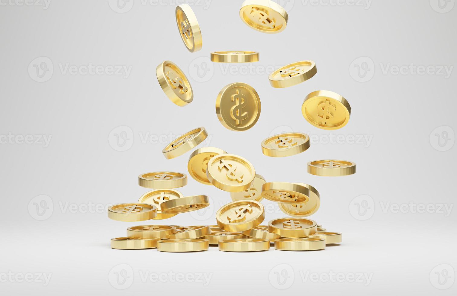 Gold coins with dollar sign falling or flying isolated on white background. Jackpot or casino poke concept. 3d rendering. photo