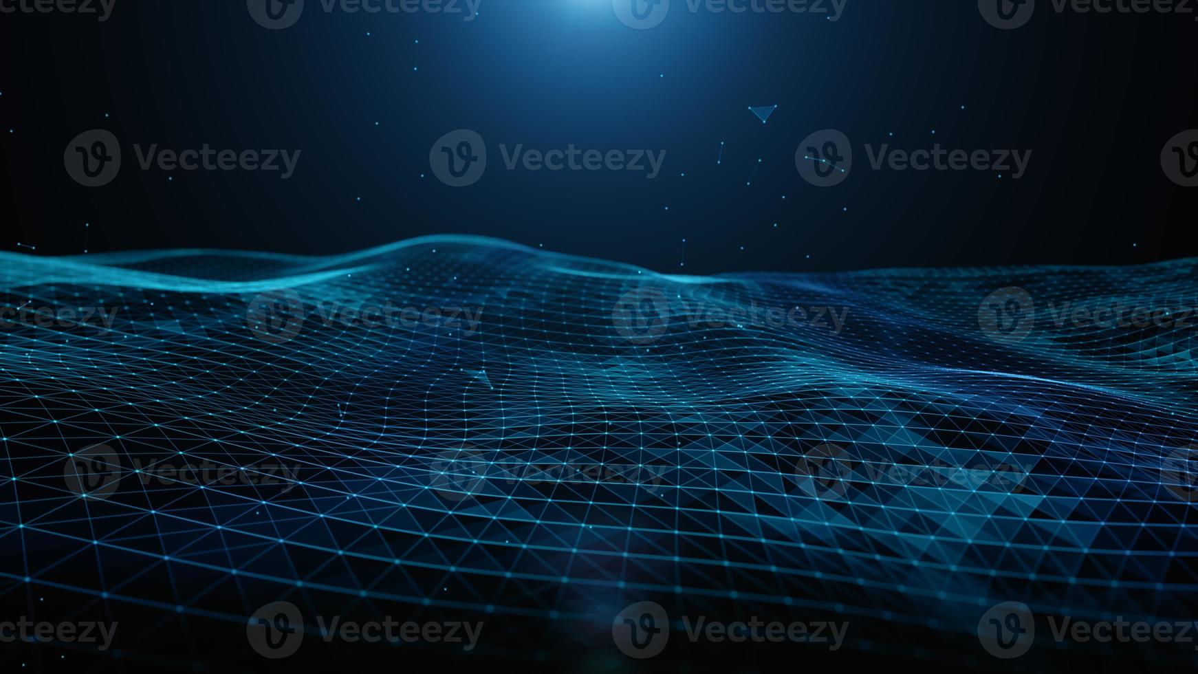 Abstract blue digital particles, lines and dots connection wave flow, Digital data network connections for technology digital communication or social media connection future background concept. photo