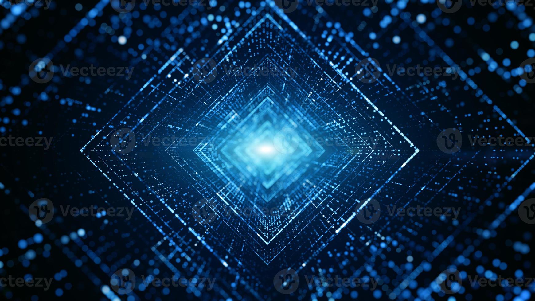 Digital tunnel of cyberspace with particles and lighting, Technology network connections abstract background concept. photo