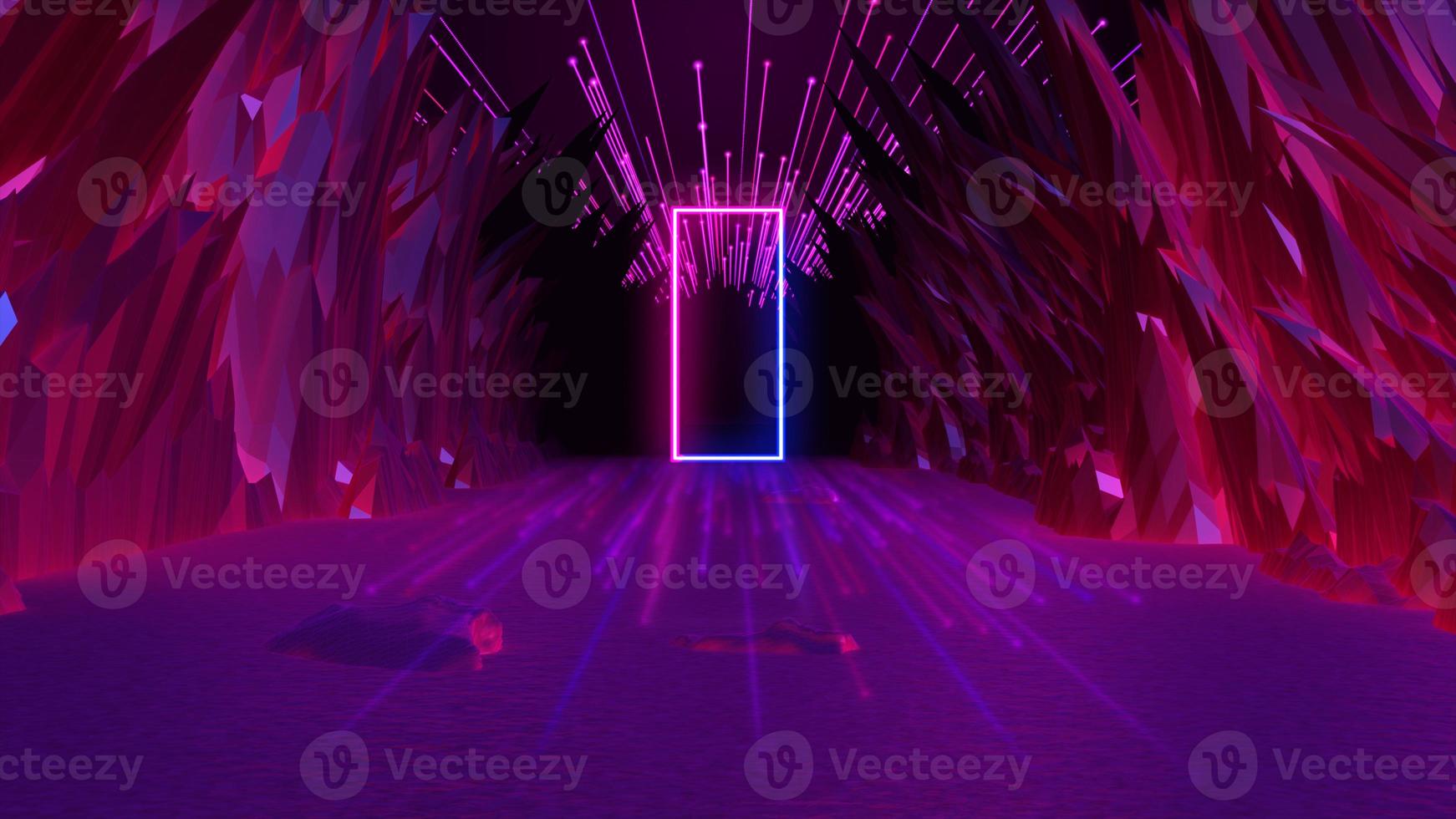 3d render of abstract background with neon light. On both sides of the road are polygon shaped stone bars. and a meteor shower from the sky photo