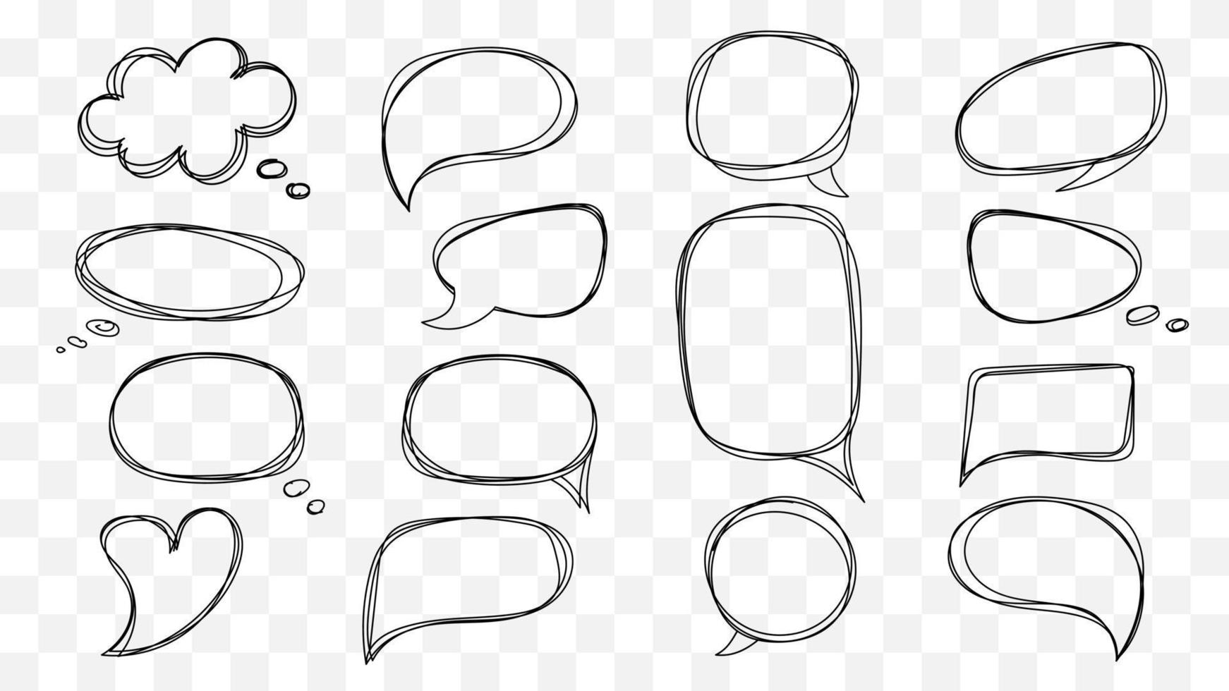 Conversation clouds and speech bubbles hand drawn isolated icons. Contour empty black sketches with lines scribbles in geometric shapes for web social vector communication