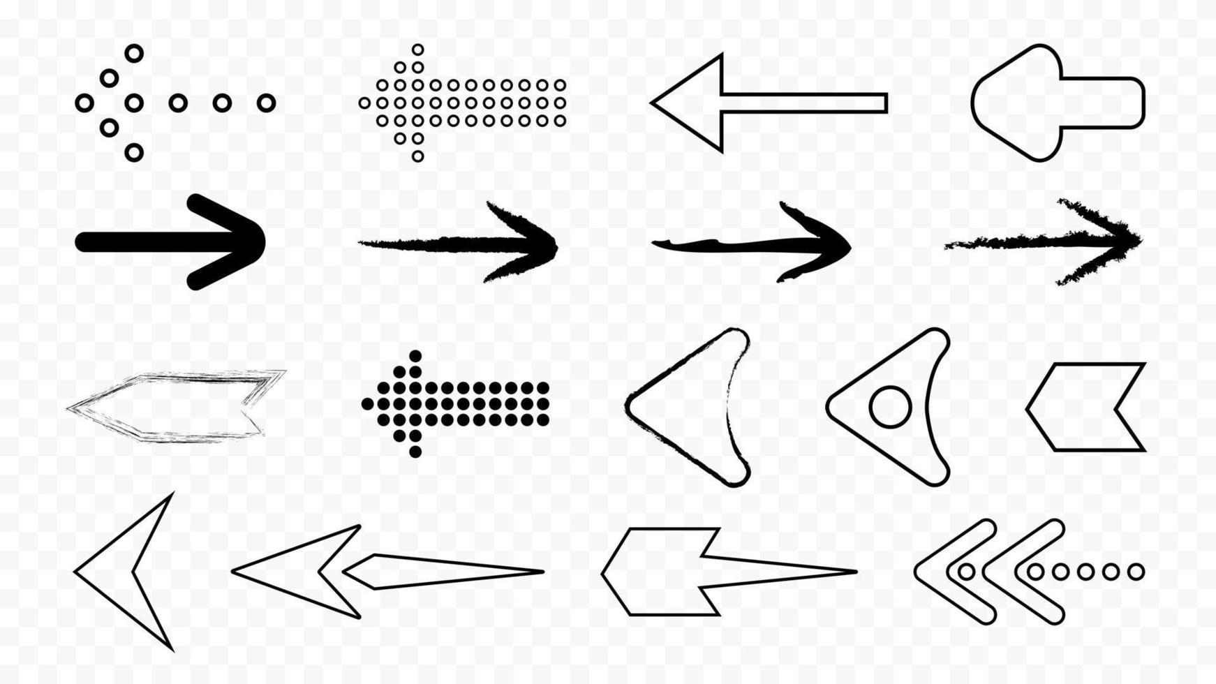 iconos aislados de flechas negras de contorno y píxeles. punteros tecnofuturistas de cuadrados geométricos llenos y vacíos de varias formas y direcciones vectoriales vector