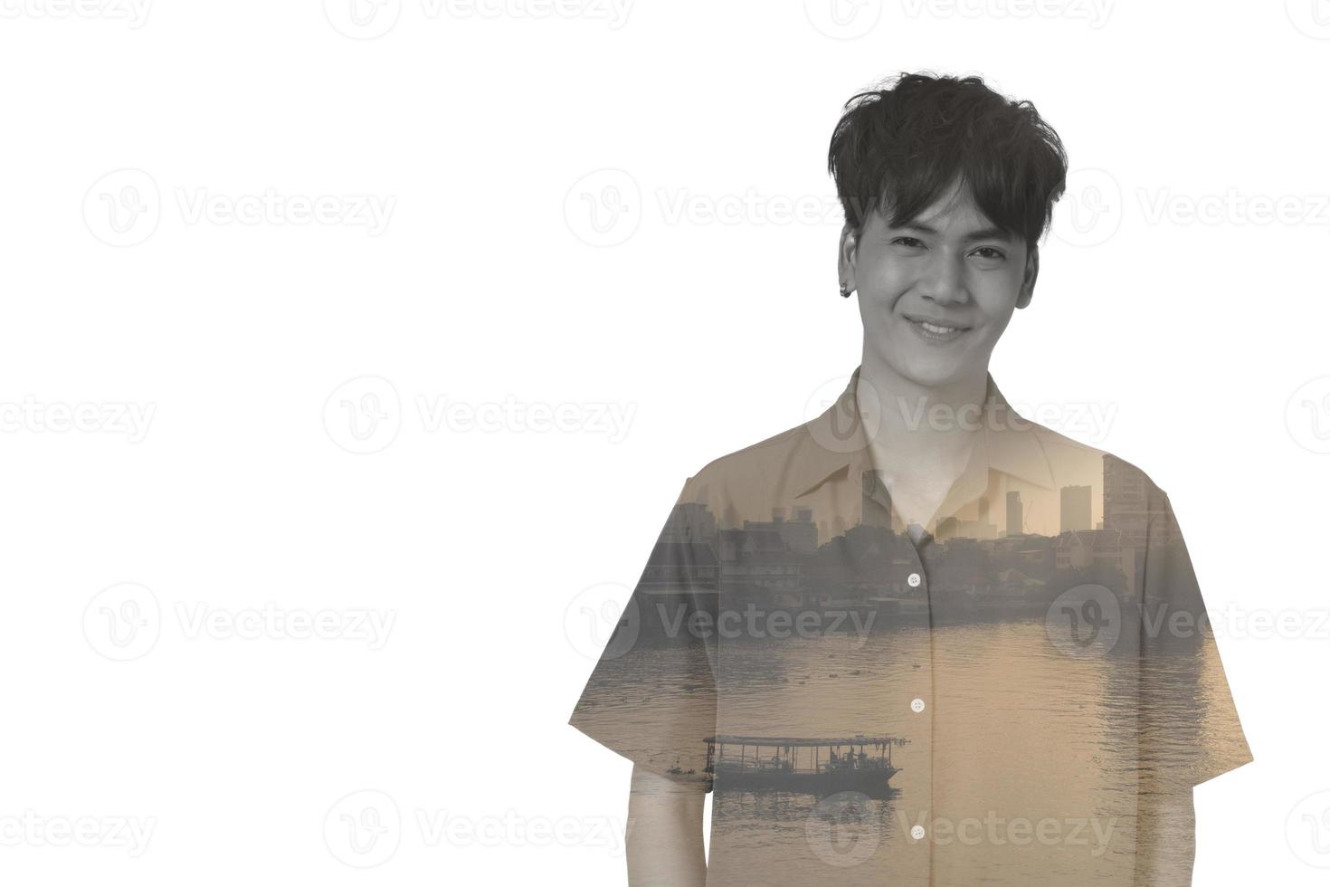 Young Handsome Smiling Man Double Exposure with Image of River, Boat and Cityscape of Bangkok photo