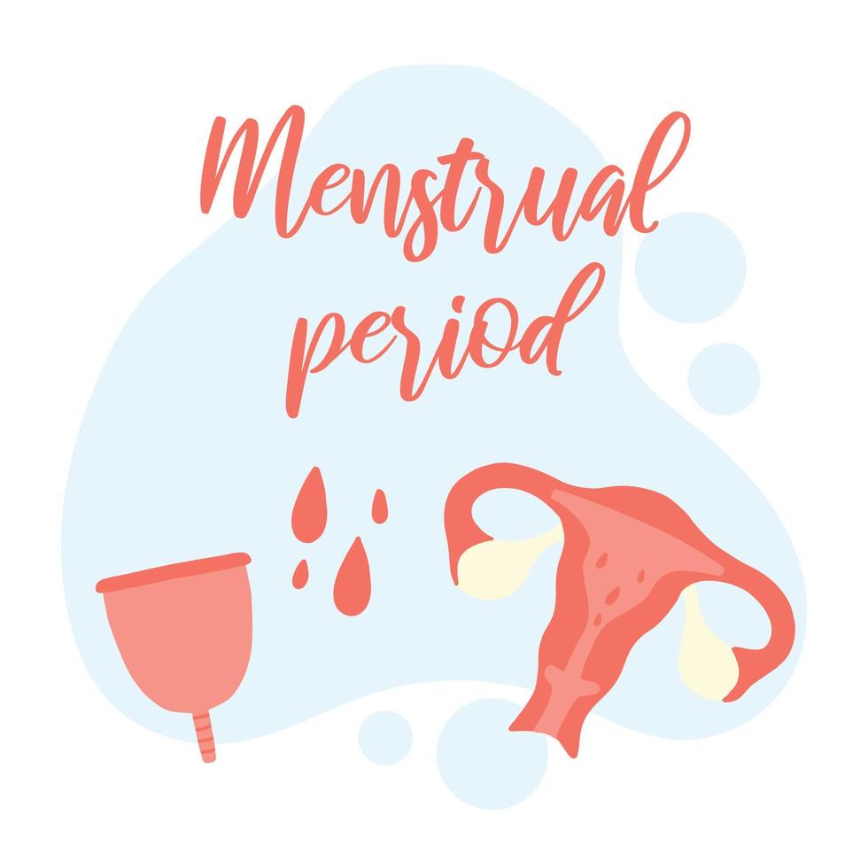 Female menstruation. Women with period and hygiene product tampon, sanitary pads and menstrual cup. Menstruation period, menstrual accessory tampon illustration. vector