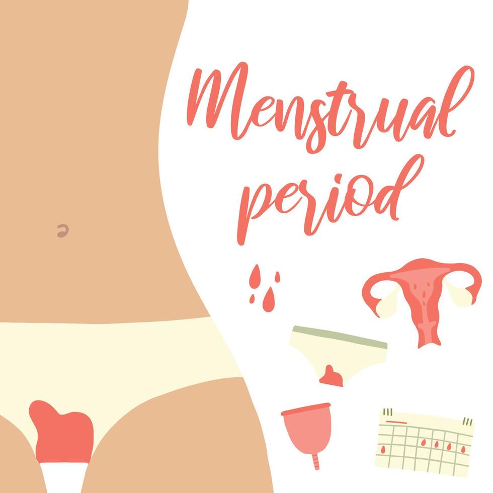 Female menstruation. Women with period and hygiene product tampon, sanitary pads and menstrual cup. Menstruation period, menstrual accessory tampon illustration. vector