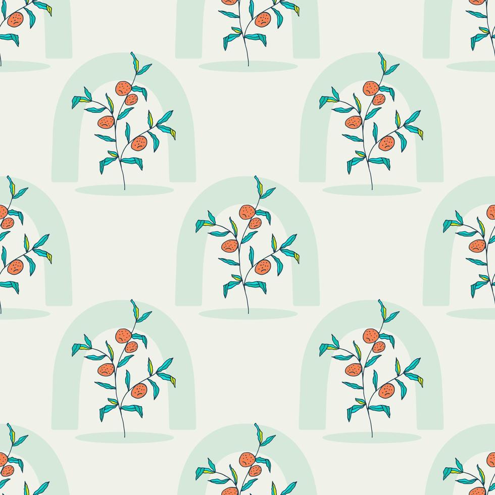 Citrus tree hand drawn seamless pattern. Orange, tangerine, grapefruit in doodle style. Pastel shades. Seamless vector background with citruses.