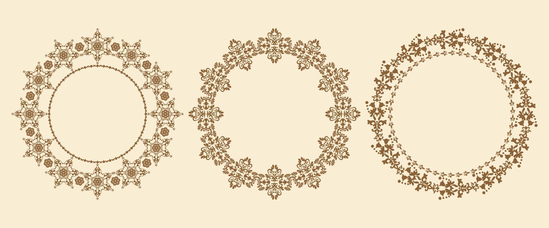 Patterned round frames. Collection of round damask patterns. Brown carved borders on a beige background. Vector illustration.