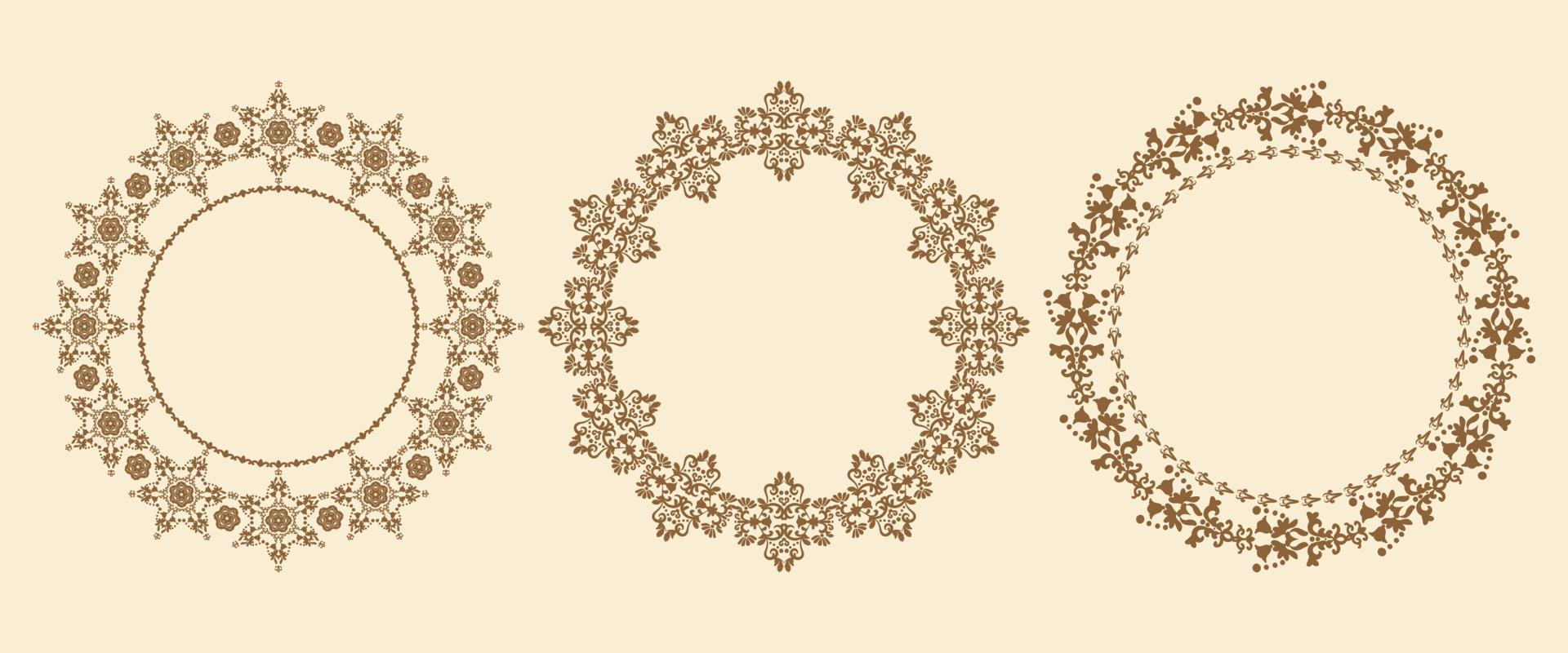 Patterned round frames. Collection of round damask patterns. Brown carved borders on a beige background. Vector illustration.