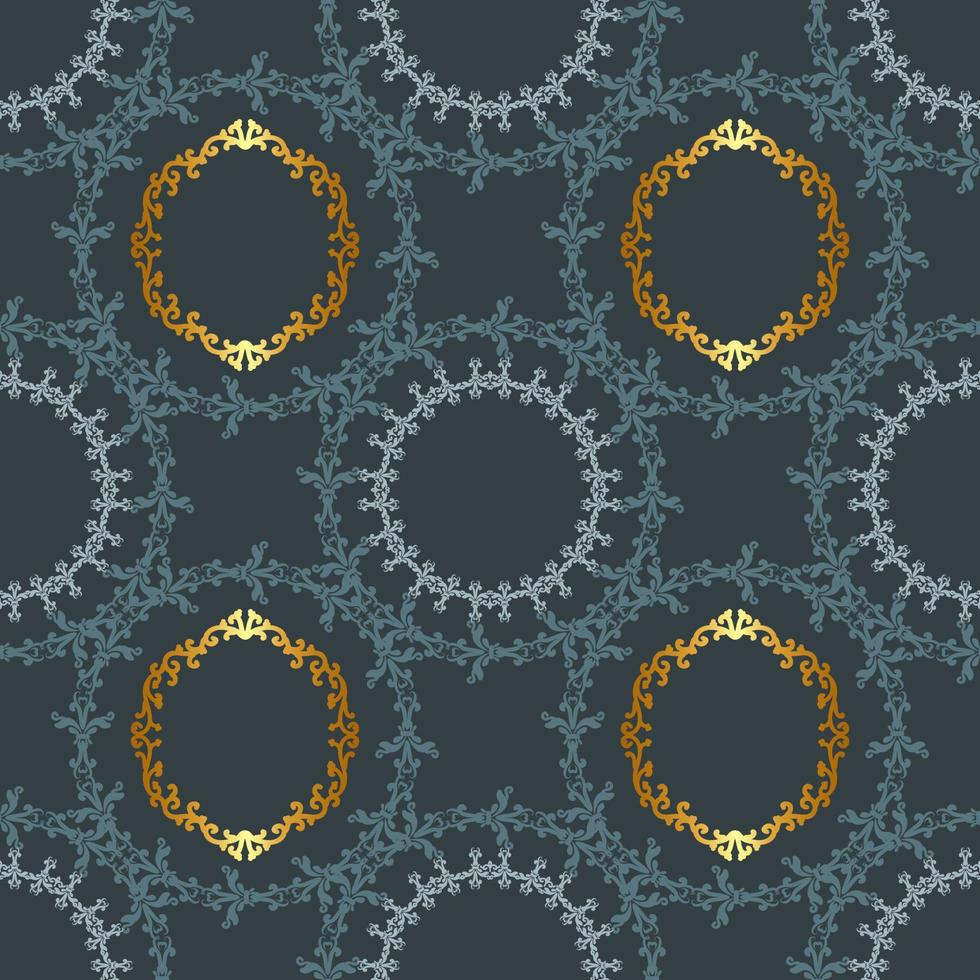 Elegant lace pattern of round ornaments. Seamless patterned blue background with gold. Vector illustration. Modern abstract color backdrop. Textile print.