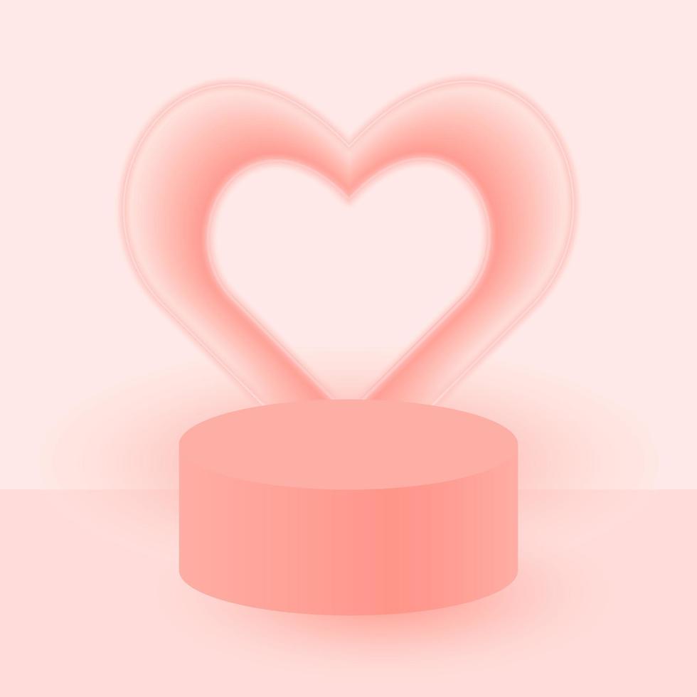 Pink round 3d podium pedestal or platform. Abstract cylindrical scene on neon heart shape background for cosmetics advertisement layout presentation. Pastel vector background.