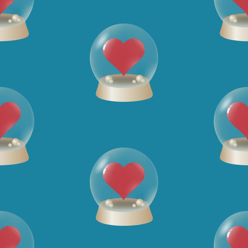 Glass balls with heart inside seamless pattern. Glass sphere with a red heart inside on a blue background. Seamless pattern for fabric, wallpaper or wrapping. vector