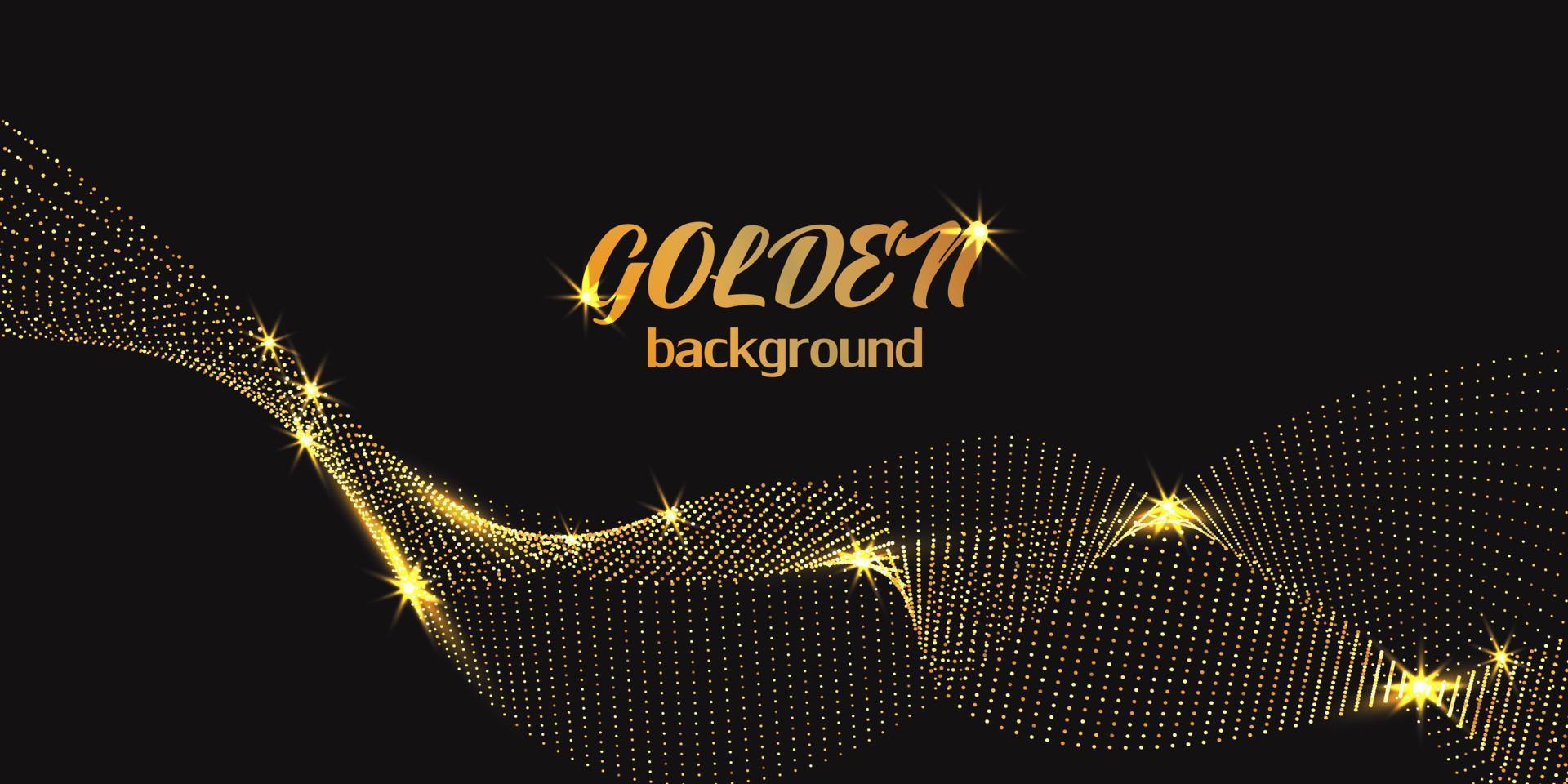 Abstract dark background with a wave of shiny golden particles. Gold dust with sparkles. Glow light effect. Vector, abstraction. Glowing invitation template. vector