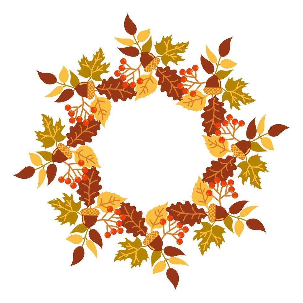 Autumn wreath of orange and yellow leaves on a white background. Round autumn frame of leaves and berries for decorative design. Botany decor. vector