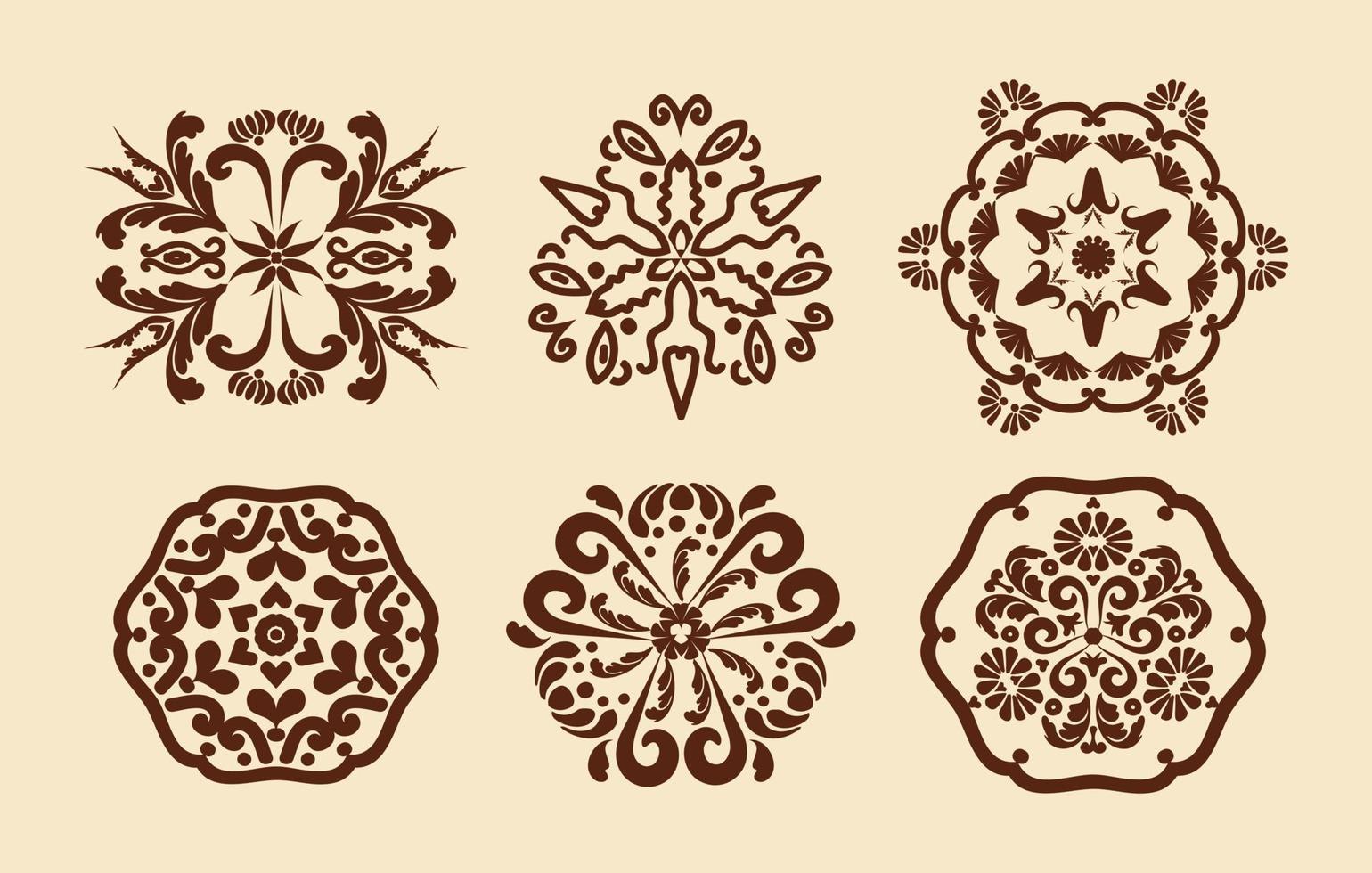 Floral patterns of mandalas. Mehndi pattern. Decorative texture. Brown, beige color. For the design of wall, menus, wedding invitations or labels, for laser cutting, marquetry. vector