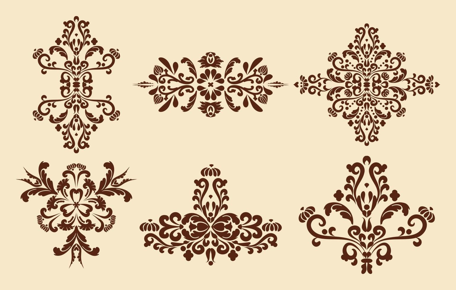 Decorative set of vintage design elements. Damask patterns. Brown, beige color. Computer graphics. vector