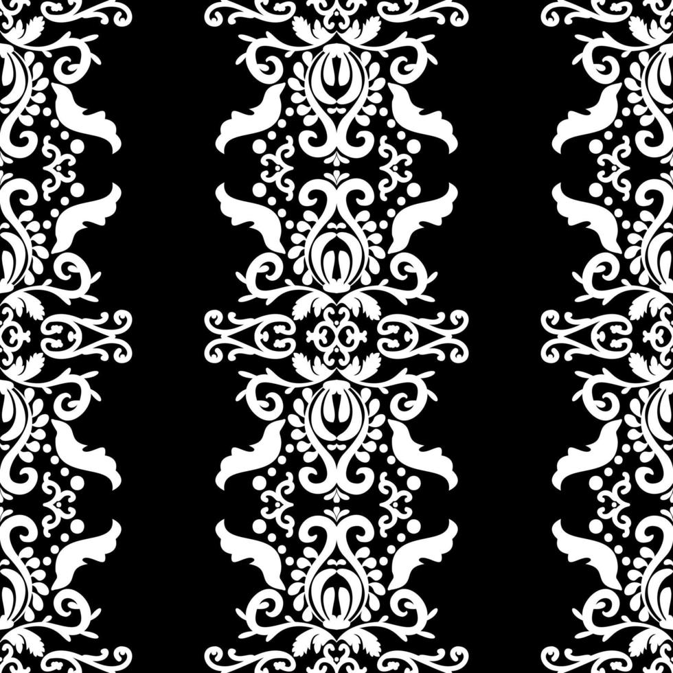 Ornate white pattern on a black background. Seamless pattern, vertical
