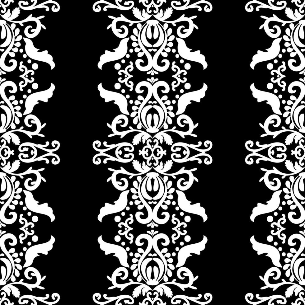 Ornate white pattern on a black background. Seamless pattern, vertical damask ornament. Lace pattern. Black and white color. Vector graphic vintage pattern. For fabric, tile, wallpaper or packaging.